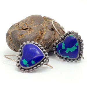 Vintage 925 Sterling Silver Azurite Malachite Heart French Hook Earrings